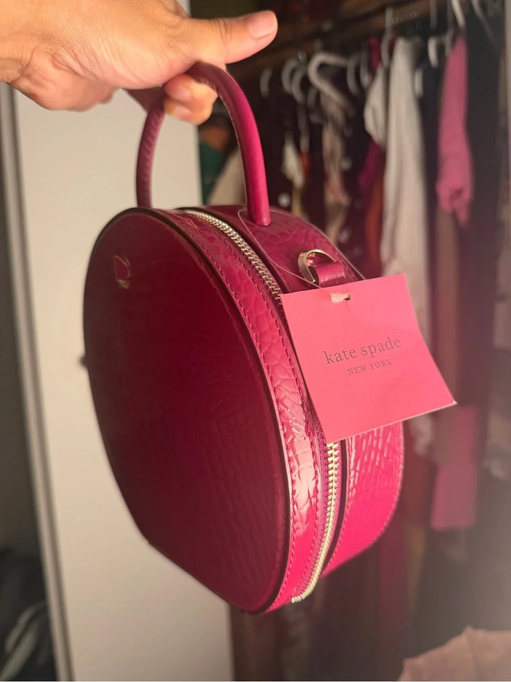 kate spade Hot Pink Patent Croc-Embossed Round Crossbody Bag